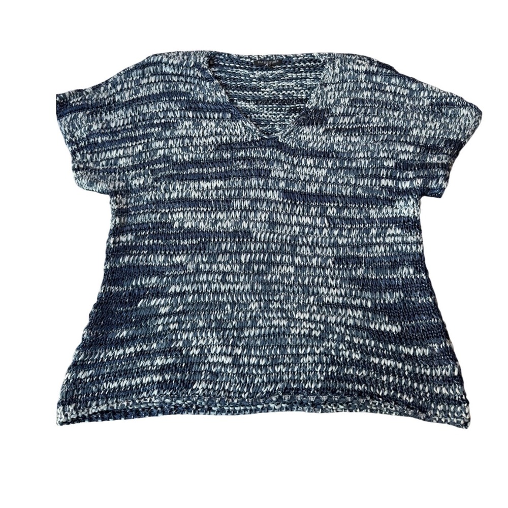 Eileen‎ Fisher V-Neck Knit Top Womens PL Blue White Coastal Grandmother Summer
